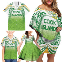 Custom Cook Islands Rugby League Family Matching Off Shoulder Short Dress and Hawaiian Shirt Tatau Tribal Motifs-Light Green Color LT03 - Polynesian Pride
