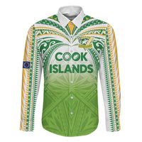 Custom Cook Islands Rugby League Family Matching Off Shoulder Short Dress and Hawaiian Shirt Tatau Tribal Motifs-Light Green Color LT03 Dad's Shirt - Long Sleeve Green - Polynesian Pride