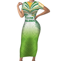 Custom Cook Islands Rugby League Family Matching Short Sleeve Bodycon Dress and Hawaiian Shirt Tatau Tribal Motifs-Light Green Color LT03 Mom's Dress Green - Polynesian Pride