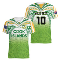 Custom Cook Islands Rugby League Women V-Neck T-Shirt Tatau Tribal Motifs-Light Green Color LT03 - Polynesian Pride