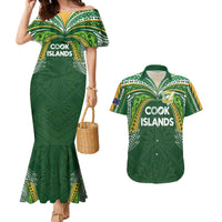 Custom Cook Islands Rugby League Couples Matching Mermaid Dress and Hawaiian Shirt Tatau Tribal Motifs-Dark Green Color LT03 Green - Polynesian Pride
