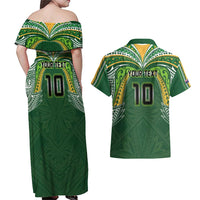 Custom Cook Islands Rugby League Couples Matching Off Shoulder Maxi Dress and Hawaiian Shirt Tatau Tribal Motifs-Dark Green Color - Polynesian Pride