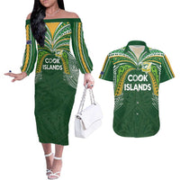 Custom Cook Islands Rugby League Couples Matching Off The Shoulder Long Sleeve Dress and Hawaiian Shirt Tatau Tribal Motifs-Dark Green Color - Polynesian Pride