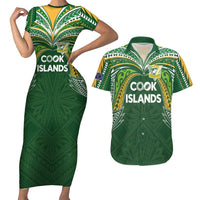Custom Cook Islands Rugby League Couples Matching Short Sleeve Bodycon Dress and Hawaiian Shirt Tatau Tribal Motifs-Dark Green Color LT03 Green - Polynesian Pride