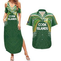 Custom Cook Islands Rugby League Couples Matching Summer Maxi Dress and Hawaiian Shirt Tatau Tribal Motifs-Dark Green Color - Polynesian Pride