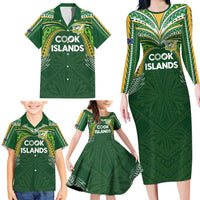 Custom Cook Islands Rugby League Family Matching Long Sleeve Bodycon Dress and Hawaiian Shirt Tatau Tribal Motifs-Dark Green Color - Polynesian Pride