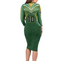 Custom Cook Islands Rugby League Family Matching Long Sleeve Bodycon Dress and Hawaiian Shirt Tatau Tribal Motifs-Dark Green Color LT03 - Polynesian Pride