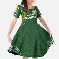 Custom Cook Islands Rugby League Family Matching Off Shoulder Maxi Dress and Hawaiian Shirt Tatau Tribal Motifs-Dark Green Color LT03 Daughter's Dress Green - Polynesian Pride