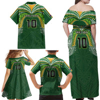 Custom Cook Islands Rugby League Family Matching Off Shoulder Maxi Dress and Hawaiian Shirt Tatau Tribal Motifs-Dark Green Color LT03 - Polynesian Pride