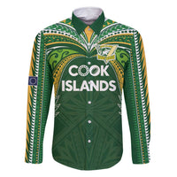 Custom Cook Islands Rugby League Family Matching Off Shoulder Maxi Dress and Hawaiian Shirt Tatau Tribal Motifs-Dark Green Color - Polynesian Pride