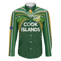 Custom Cook Islands Rugby League Family Matching Off Shoulder Maxi Dress and Hawaiian Shirt Tatau Tribal Motifs-Dark Green Color LT03 Dad's Shirt - Long Sleeve Green - Polynesian Pride