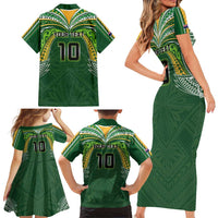 Custom Cook Islands Rugby League Family Matching Short Sleeve Bodycon Dress and Hawaiian Shirt Tatau Tribal Motifs-Dark Green Color LT03 - Polynesian Pride