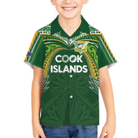 Custom Cook Islands Rugby League Family Matching Short Sleeve Bodycon Dress and Hawaiian Shirt Tatau Tribal Motifs-Dark Green Color LT03 Son's Shirt Green - Polynesian Pride