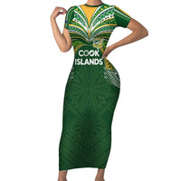 Custom Cook Islands Rugby League Short Sleeve Bodycon Dress Tatau Tribal Motifs-Dark Green Color LT03 Long Dress Green - Polynesian Pride