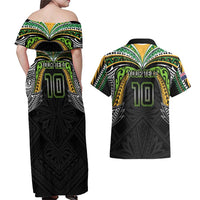 Custom Cook Islands Rugby League Couples Matching Off Shoulder Maxi Dress and Hawaiian Shirt Tatau Tribal Motifs-Black Color LT03 - Polynesian Pride