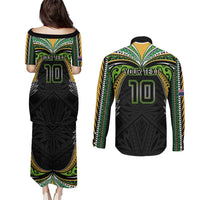 Custom Cook Islands Rugby League Couples Matching Puletasi and Long Sleeve Button Shirt Tatau Tribal Motifs-Black Color - Polynesian Pride