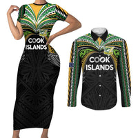 Custom Cook Islands Rugby League Couples Matching Short Sleeve Bodycon Dress and Long Sleeve Button Shirt Tatau Tribal Motifs-Black Color LT03 Black - Polynesian Pride