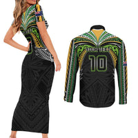 Custom Cook Islands Rugby League Couples Matching Short Sleeve Bodycon Dress and Long Sleeve Button Shirt Tatau Tribal Motifs-Black Color LT03 - Polynesian Pride