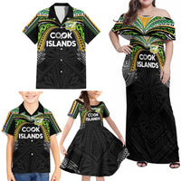 Custom Cook Islands Rugby League Family Matching Off Shoulder Maxi Dress and Hawaiian Shirt Tatau Tribal Motifs-Black Color LT03 - Polynesian Pride
