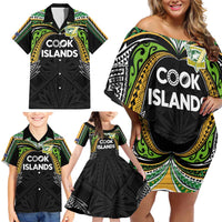 Custom Cook Islands Rugby League Family Matching Off Shoulder Short Dress and Hawaiian Shirt Tatau Tribal Motifs-Black Color LT03 - Polynesian Pride
