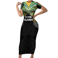 Custom Cook Islands Rugby League Short Sleeve Bodycon Dress Tatau Tribal Motifs-Black Color LT03 Long Dress Black - Polynesian Pride