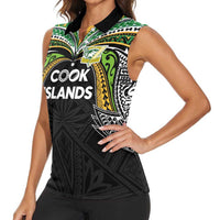 Custom Cook Islands Rugby League Women Sleeveless Polo Shirt Tatau Tribal Motifs-Black Color LT03 - Polynesian Pride