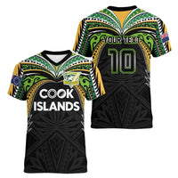 Custom Cook Islands Rugby League Women V-Neck T-Shirt Tatau Tribal Motifs-Black Color LT03 - Polynesian Pride