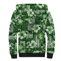 Hawaiian Quilt Pattern Sherpa Hoodie Hibiscus and Tribal Element Vintage Green Vibe LT03 - Polynesian Pride