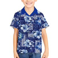 Hawaiian Quilt Pattern Family Matching Puletasi and Hawaiian Shirt Hibiscus and Tribal Element Vintage Blue Vibe LT03 Son's Shirt Blue - Polynesian Pride