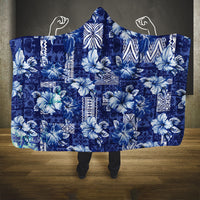 Hawaiian Quilt Pattern Hooded Blanket Hibiscus and Tribal Element Vintage Blue Vibe LT03 One Size Blue - Polynesian Pride