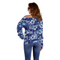 Hawaiian Quilt Pattern Off Shoulder Sweater Hibiscus and Tribal Element Vintage Blue Vibe LT03 - Polynesian Pride