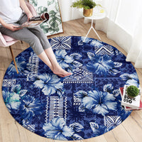 Hawaiian Quilt Pattern Round Carpet Hibiscus and Tribal Element Vintage Blue Vibe LT03 - Polynesian Pride