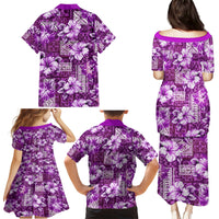 Hawaiian Quilt Pattern Family Matching Puletasi and Hawaiian Shirt Hibiscus and Tribal Element Vintage Purple Vibe LT03 - Polynesian Pride