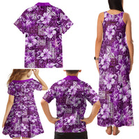 Hawaiian Quilt Pattern Family Matching Tank Maxi Dress and Hawaiian Shirt Hibiscus and Tribal Element Vintage Purple Vibe LT03 - Polynesian Pride