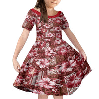 Hawaiian Quilt Pattern Family Matching Off Shoulder Long Sleeve Dress and Hawaiian Shirt Hibiscus and Tribal Element Vintage Red Vibe LT03 Daughter's Dress Red - Polynesian Pride