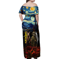New Zealand and Australia ANZAC Day Family Matching Off Shoulder Maxi Dress and Hawaiian Shirt Kiwi Bird and Kangaroo Soldier Starry Night Style LT03 - Polynesian Pride