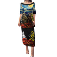 New Zealand and Australia ANZAC Day Puletasi Kiwi Bird and Kangaroo Soldier Starry Night Style LT03 Long Dress Black - Polynesian Pride