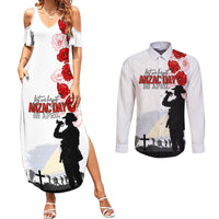 Tokelau ANZAC Day Couples Matching Summer Maxi Dress and Long Sleeve Button Shirt Lest We Forget Red Poppy Flowers and Soldier LT03 White - Polynesian Pride