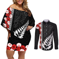 New Zealand ANZAC Day Couples Matching Off Shoulder Short Dress and Long Sleeve Button Shirt Soldier Silver Fern with Red Poppies Flower Maori Style LT03 Black - Polynesian Pride