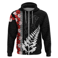 New Zealand ANZAC Day Hoodie Soldier Silver Fern with Red Poppies Flower Maori Style LT03 Zip Hoodie Black - Polynesian Pride
