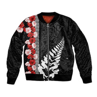 New Zealand ANZAC Day Sleeve Zip Bomber Jacket Soldier Silver Fern with Red Poppies Flower Maori Style LT03 Unisex Black - Polynesian Pride