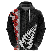New Zealand ANZAC Day Zip Hoodie Soldier Silver Fern with Red Poppies Flower Maori Style LT03 - Polynesian Pride