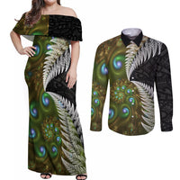 New Zealand Couples Matching Off Shoulder Maxi Dress and Long Sleeve Button Shirt Koru Abstract Art and Silver Fern Maori Pattern LT03 Green - Polynesian Pride