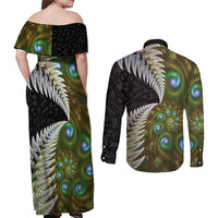 New Zealand Couples Matching Off Shoulder Maxi Dress and Long Sleeve Button Shirt Koru Abstract Art and Silver Fern Maori Pattern LT03 - Polynesian Pride