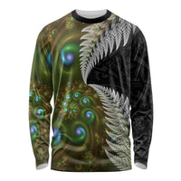 New Zealand Long Sleeve Shirt Koru Abstract Art and Silver Fern Maori Pattern LT03 Unisex Green - Polynesian Pride