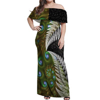 New Zealand Off Shoulder Maxi Dress Koru Abstract Art and Silver Fern Maori Pattern LT03 Women Green - Polynesian Pride