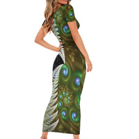 New Zealand Short Sleeve Bodycon Dress Koru Abstract Art and Silver Fern Maori Pattern LT03 - Polynesian Pride