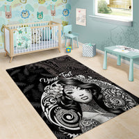 Custom New Zealand Women's Day Area Rug Maori Tribal Girl and Silver Fern Pattern