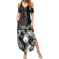 Custom New Zealand Women's Day Family Matching Summer Maxi Dress and Hawaiian Shirt Maori Tribal Girl and Silver Fern Pattern LT03 Mom's Dress Black - Polynesian Pride