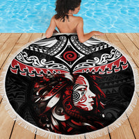 New Zealand Maori Girl Beach Blanket Silver Fern and Koru Pattern